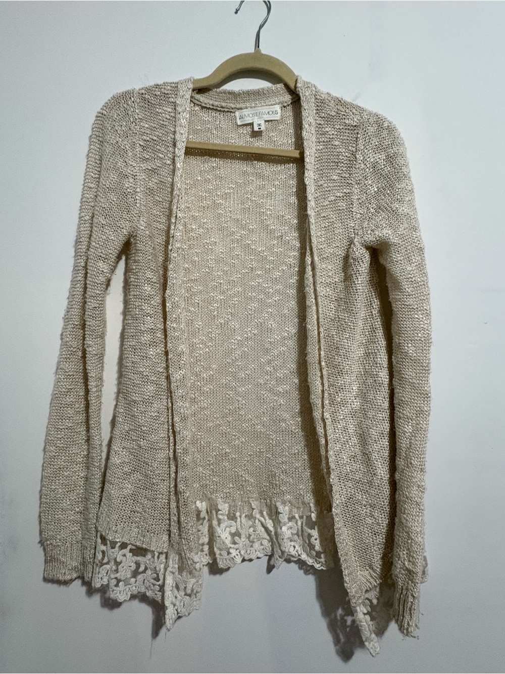 Almost Famous Cream Open-Front Knit Cardigan with Lace Hem